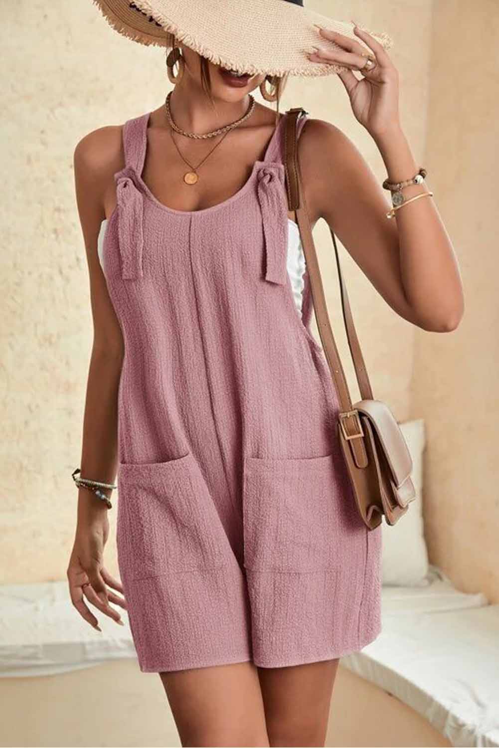 Rose Shoulder Strap Pocket Textured Romper