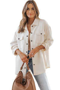 Beige Solid Textured Flap Pocket Buttoned Shacket