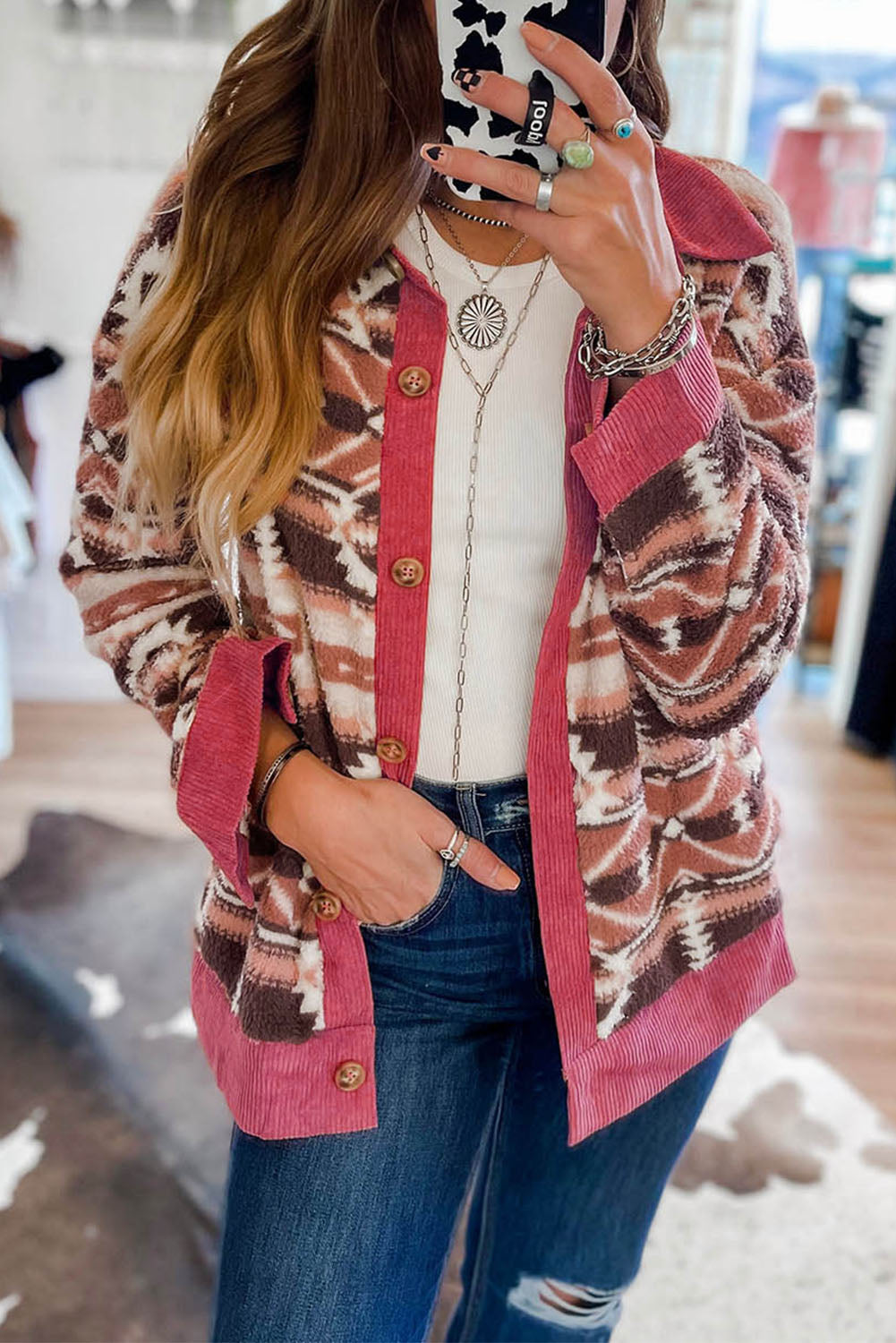 White Geometric Sherpa Corduroy Trim Jacket