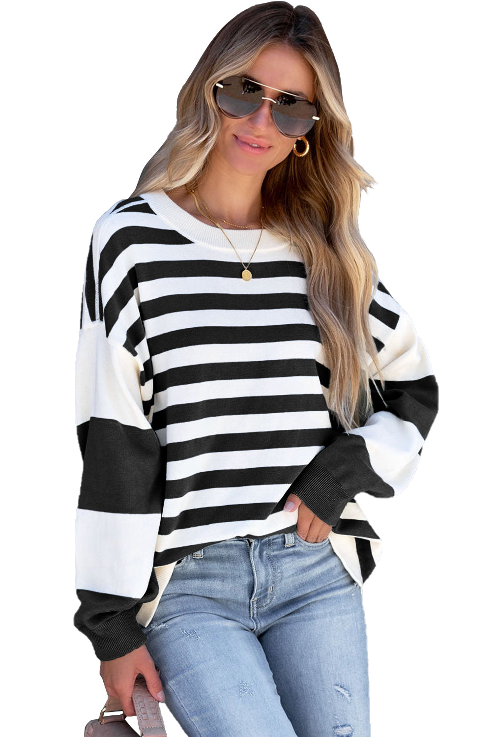 Striped Colorblock Casual Drop Shoulder Sweatshirt