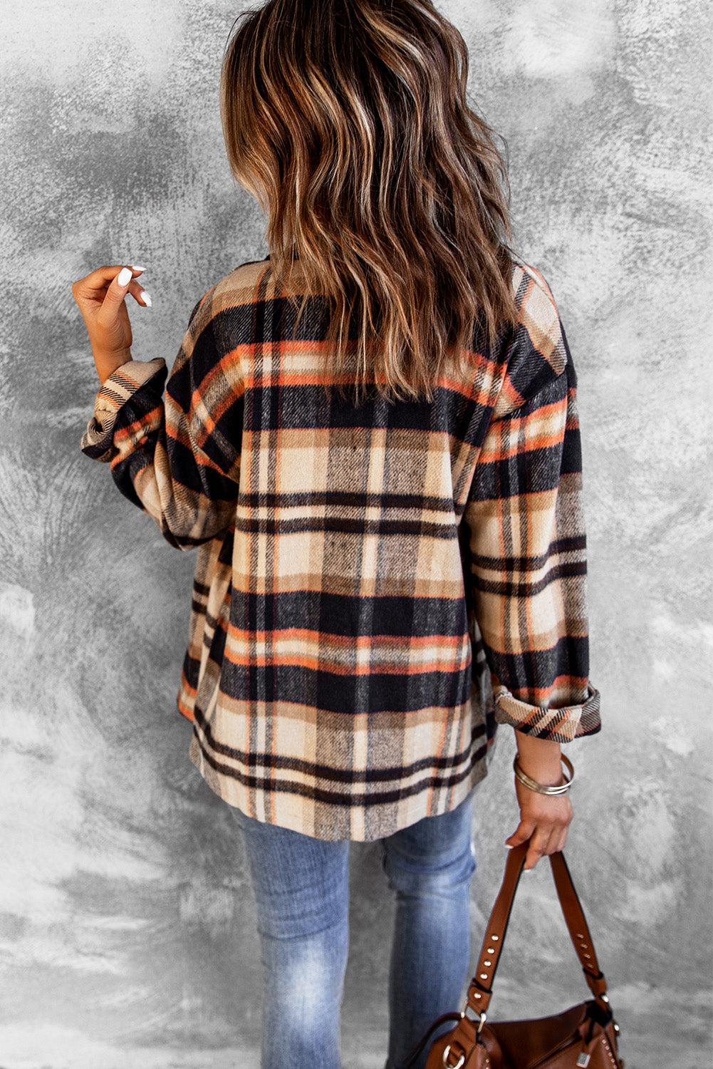 Khaki Plaid Print Casual Button Up Pocket Shirt