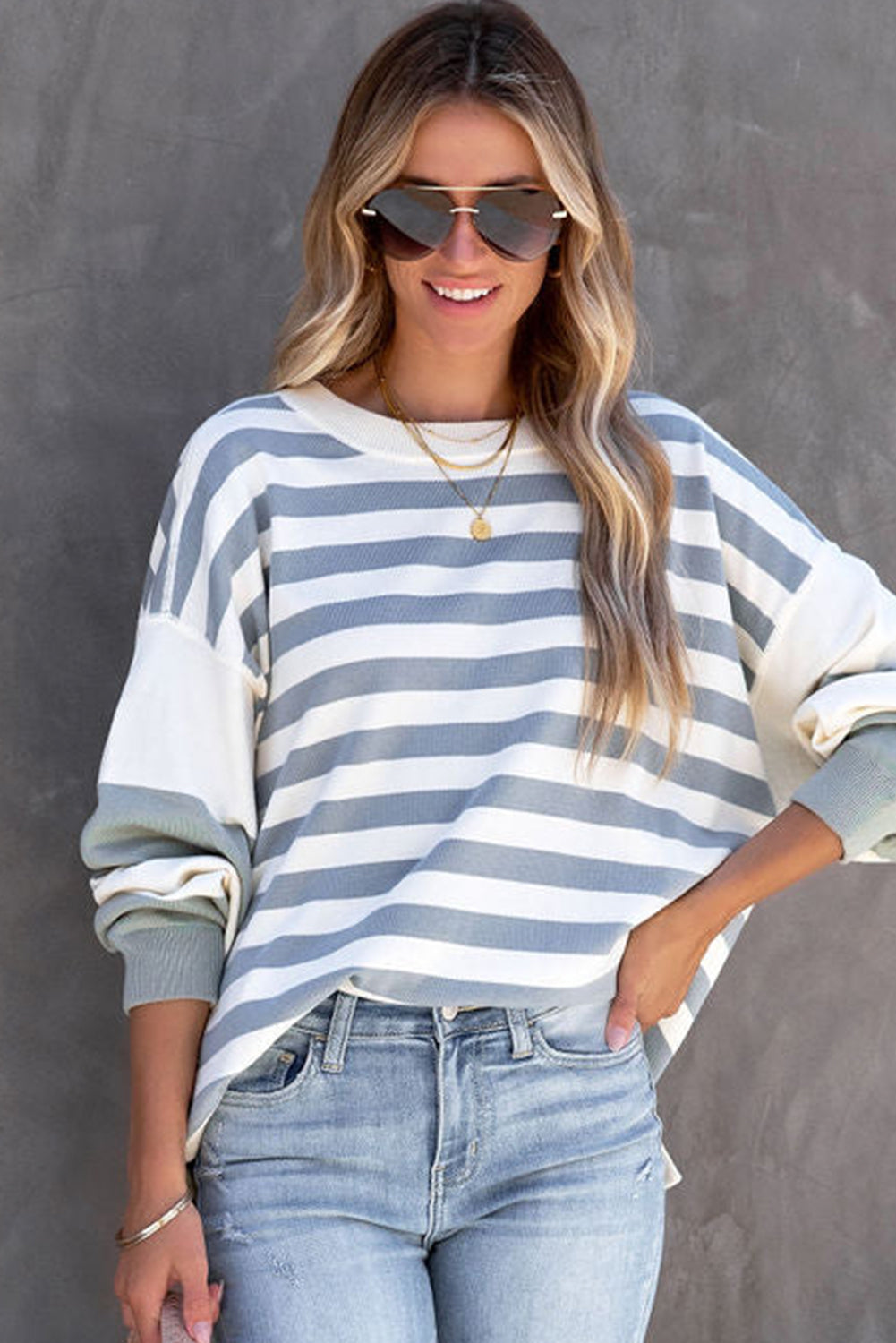 Striped Colorblock Casual Drop Shoulder Sweatshirt