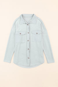 Grey Solid Color Textured Button Up Shirt Shacket with Pockets