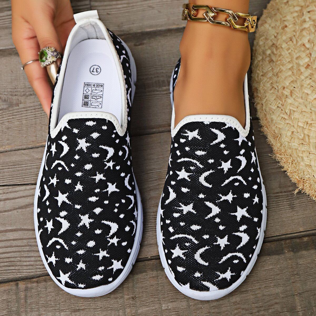 Star & Moon Pattern Flat Loafers