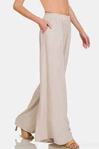 Pleated Linen Blend Wide Leg Pants