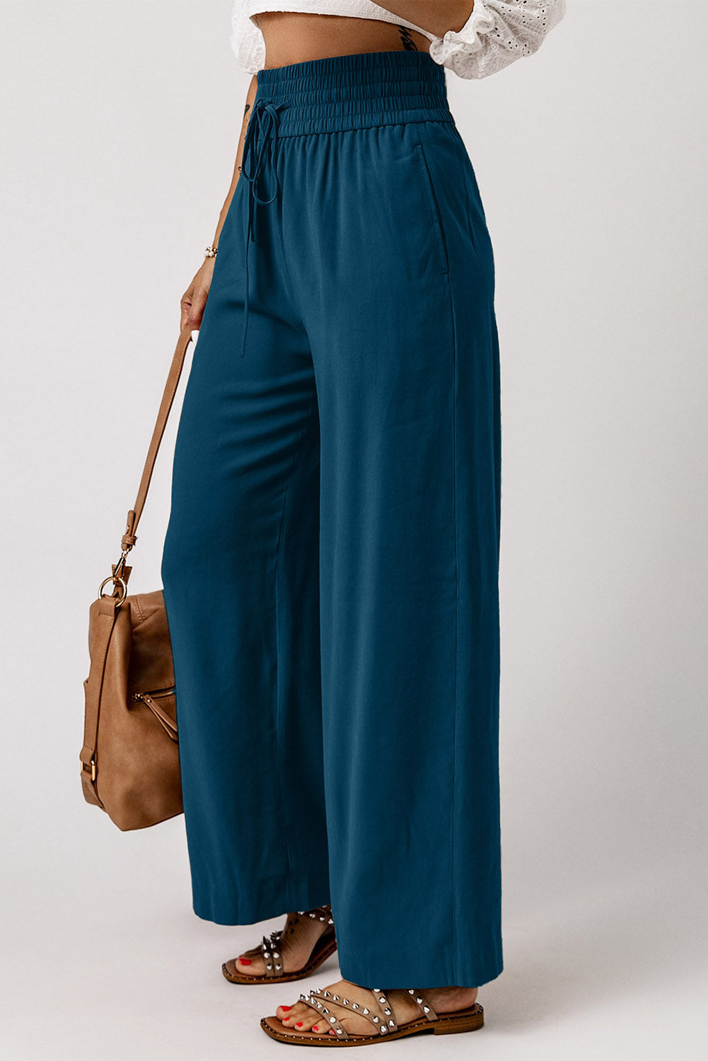 Brown Casual Drawstring Wide Leg Pants