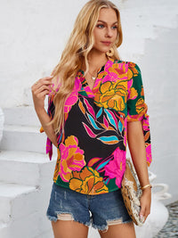 Tied Notched Short Sleeve Blouse