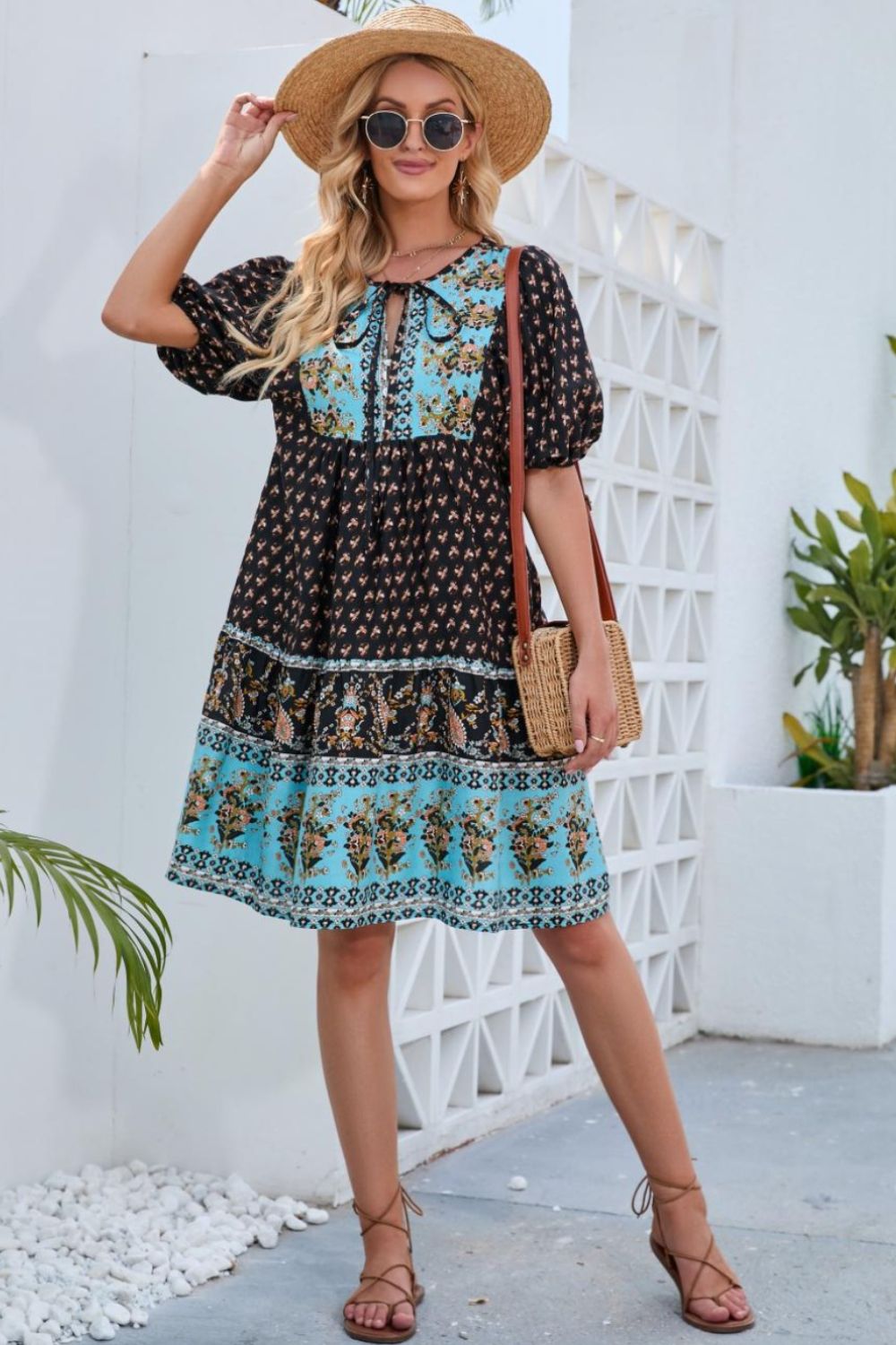 Tie Neck Half Sleeve Dress