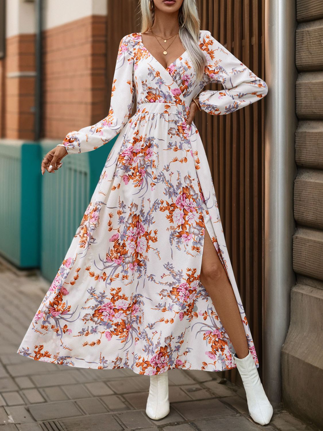 Slit Surplice Long Sleeve Maxi Dress