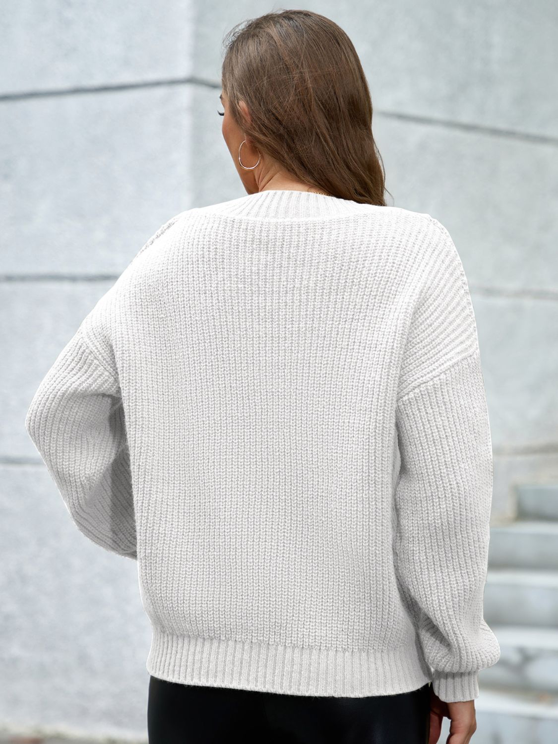 V-Neck Dropped Shoulder Long Sleeve Sweater