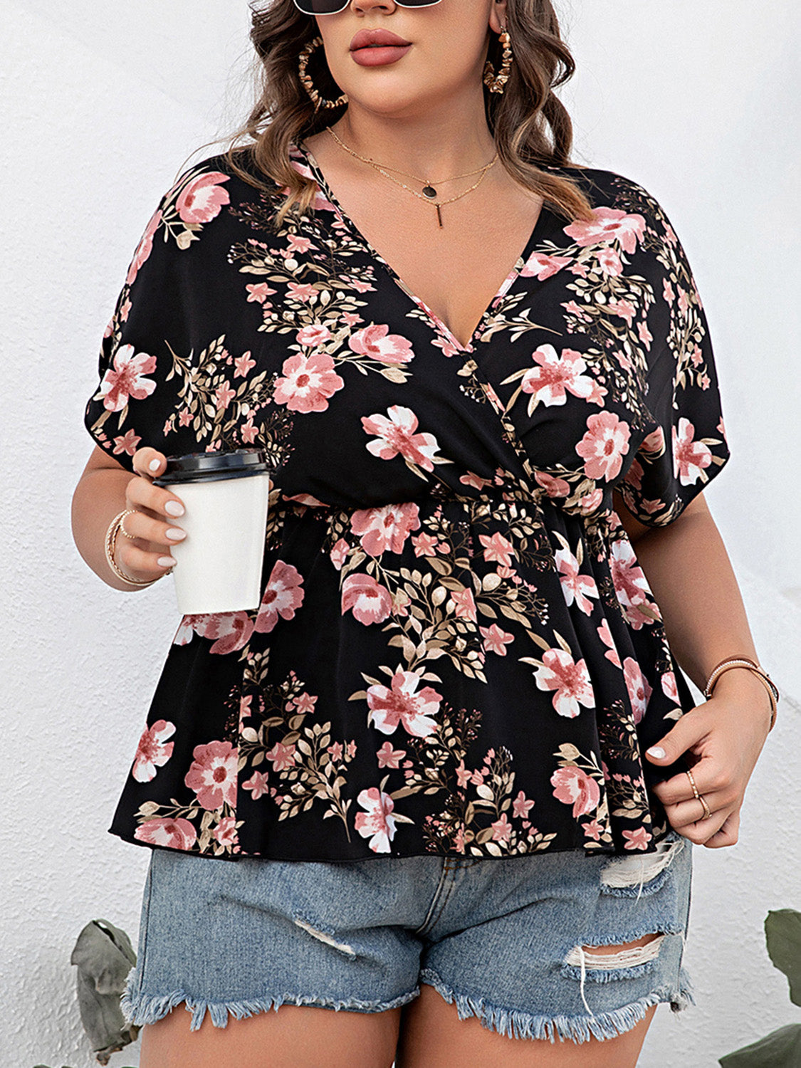 Floral Surplice Short Sleeve Blouse