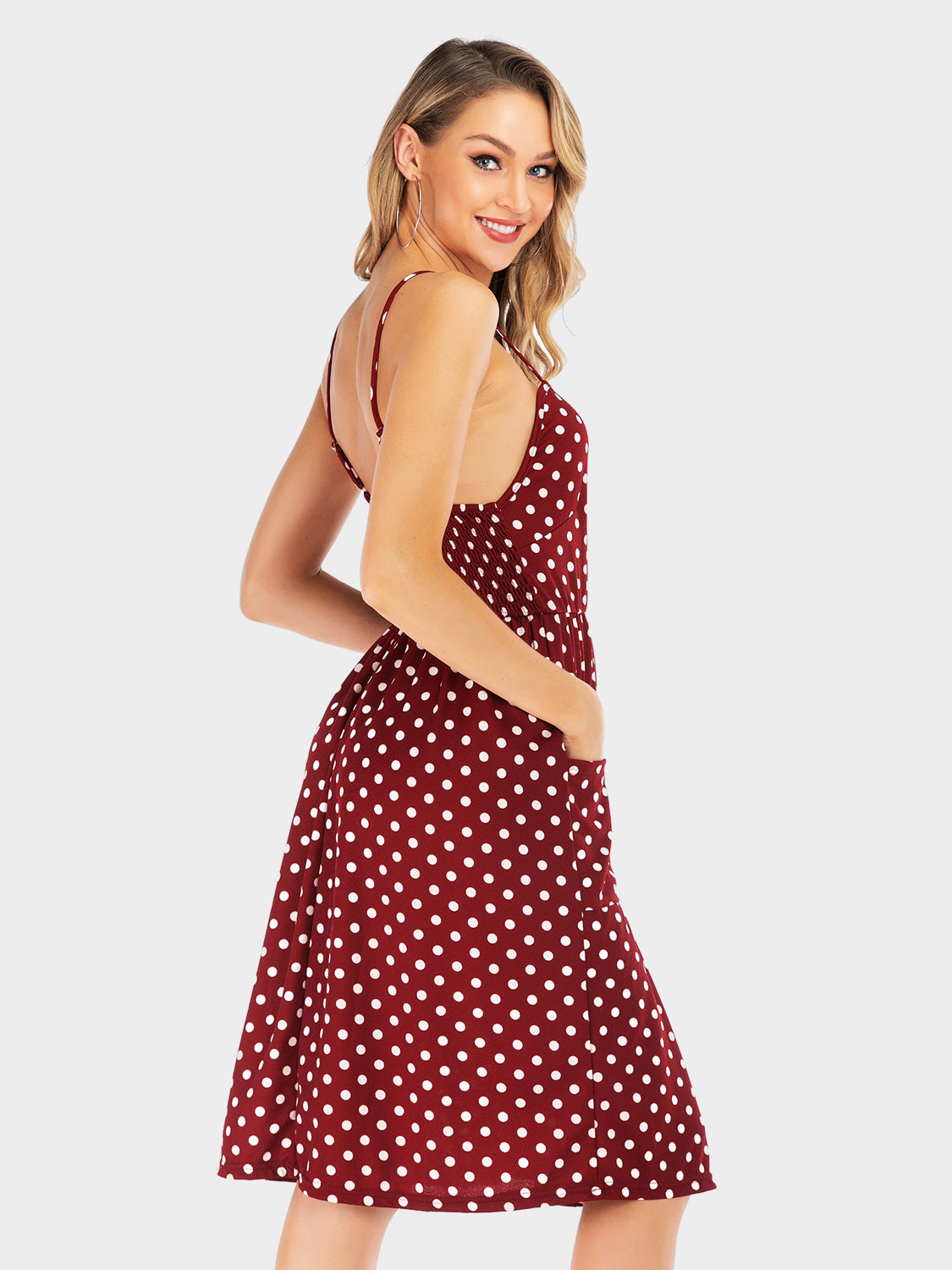 Perfee Polka Dot Sweetheart Neck Dress with Pockets