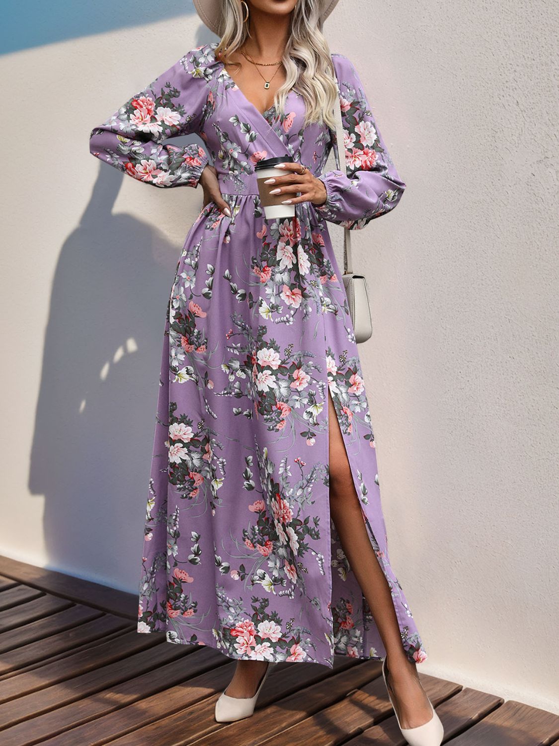 Slit Surplice Long Sleeve Maxi Dress