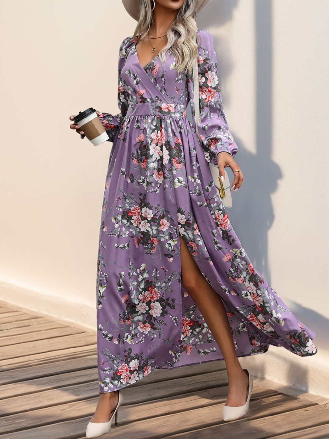 Slit Surplice Long Sleeve Maxi Dress