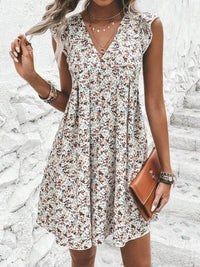 Printed V-Neck Cap Sleeve Mini Dress