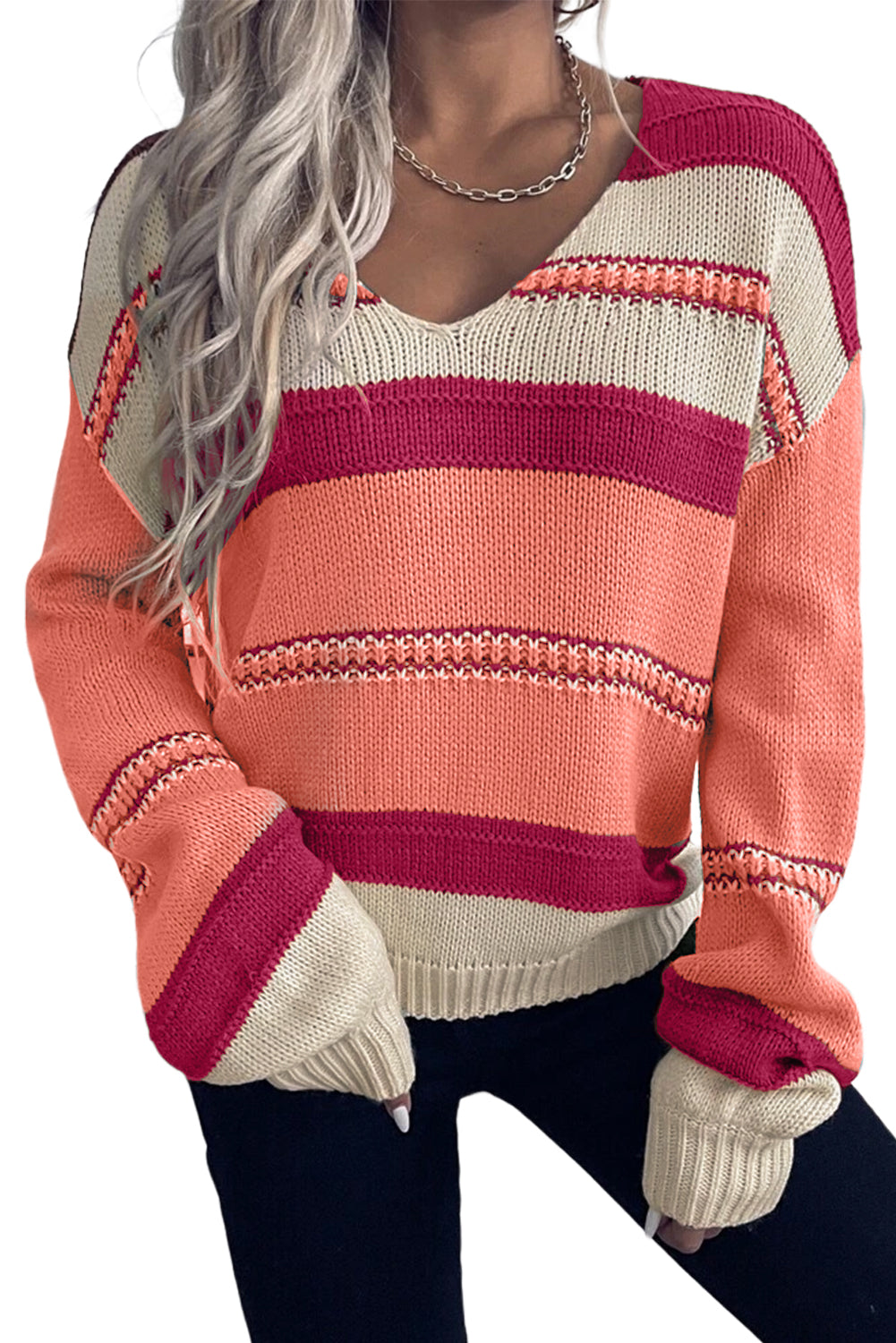 Coffee Striped Knit V Neck Drop Shoulder Sweater