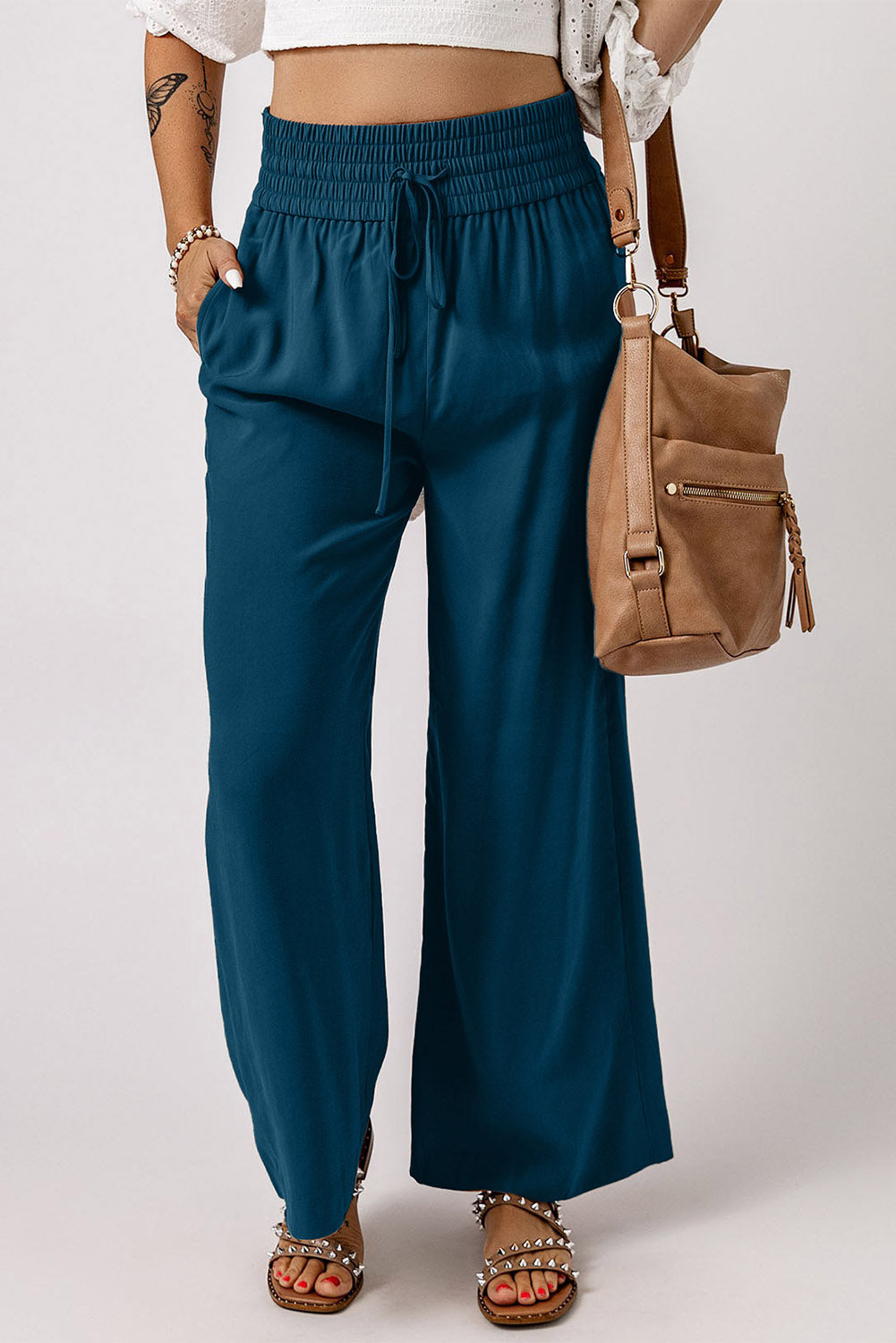 Brown Casual Drawstring Wide Leg Pants