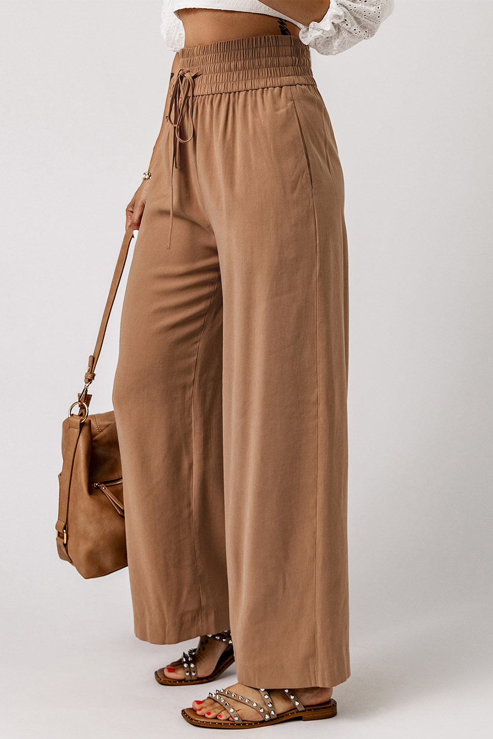 Brown Casual Drawstring Wide Leg Pants