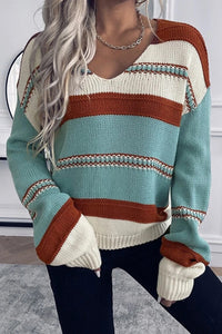 Coffee Striped Knit V Neck Drop Shoulder Sweater