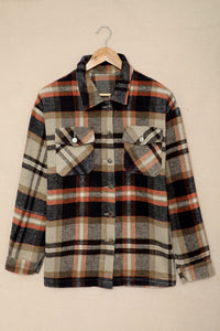 Khaki Plaid Print Casual Button Up Pocket Shirt