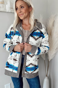 White Geometric Sherpa Corduroy Trim Jacket