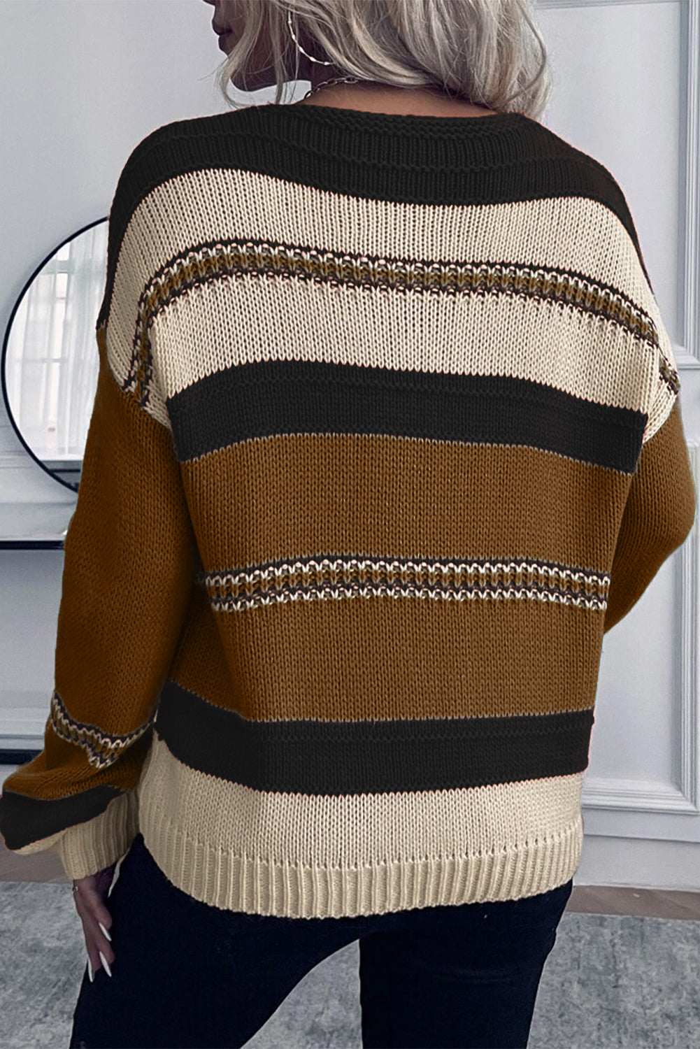 Coffee Striped Knit V Neck Drop Shoulder Sweater