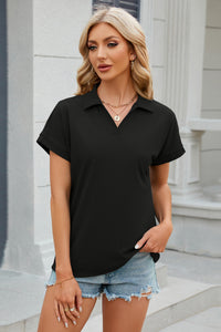 Johnny Collar Short Sleeve Blouse