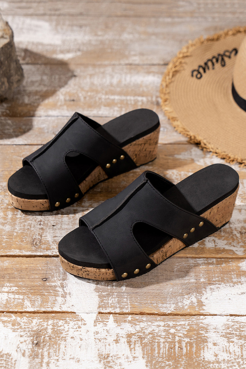 Black Cut Out Rivet Slip-on Wedges