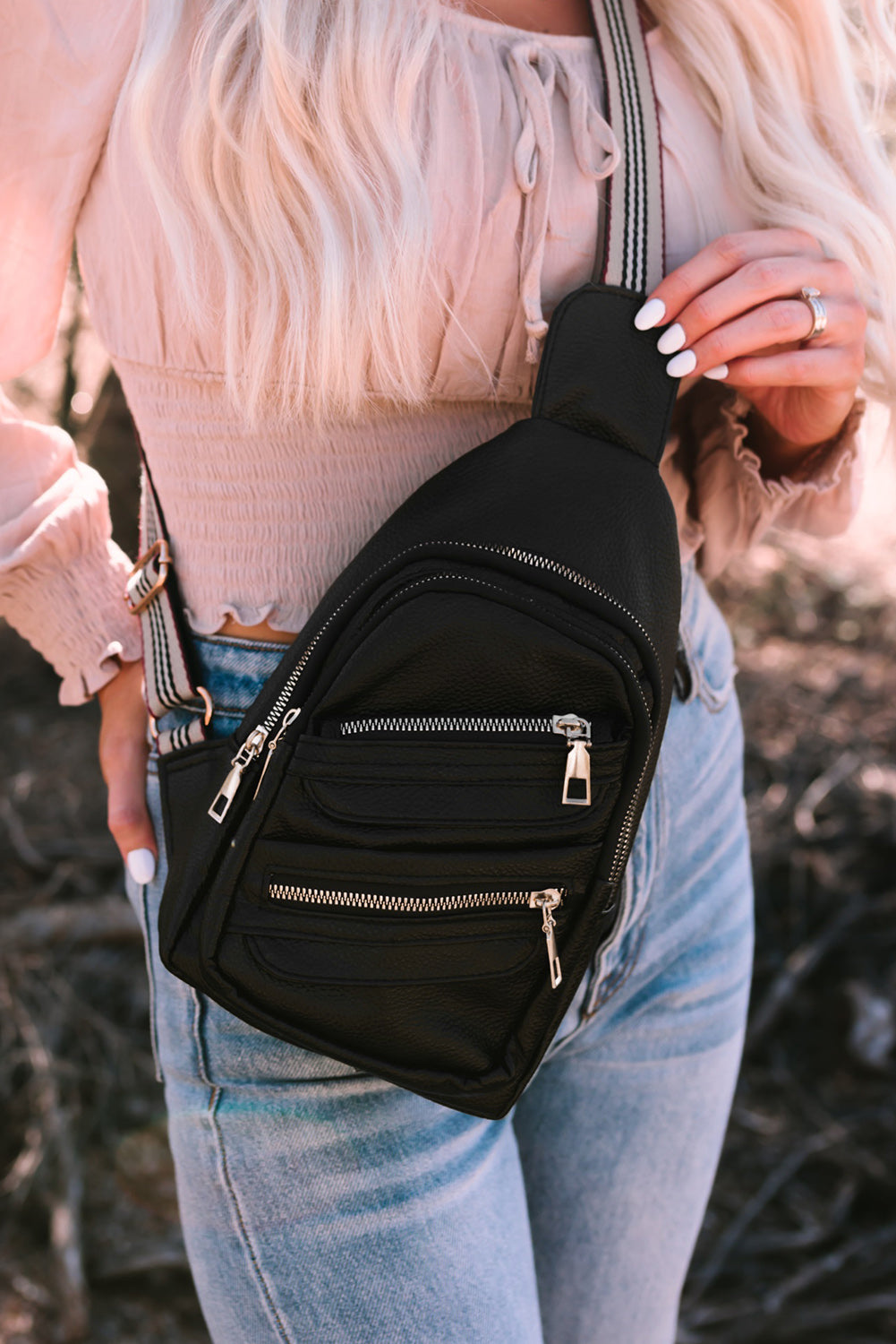 Black Faux Leather Zipped Sling Bag