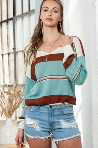 Coffee Striped Knit V Neck Drop Shoulder Sweater