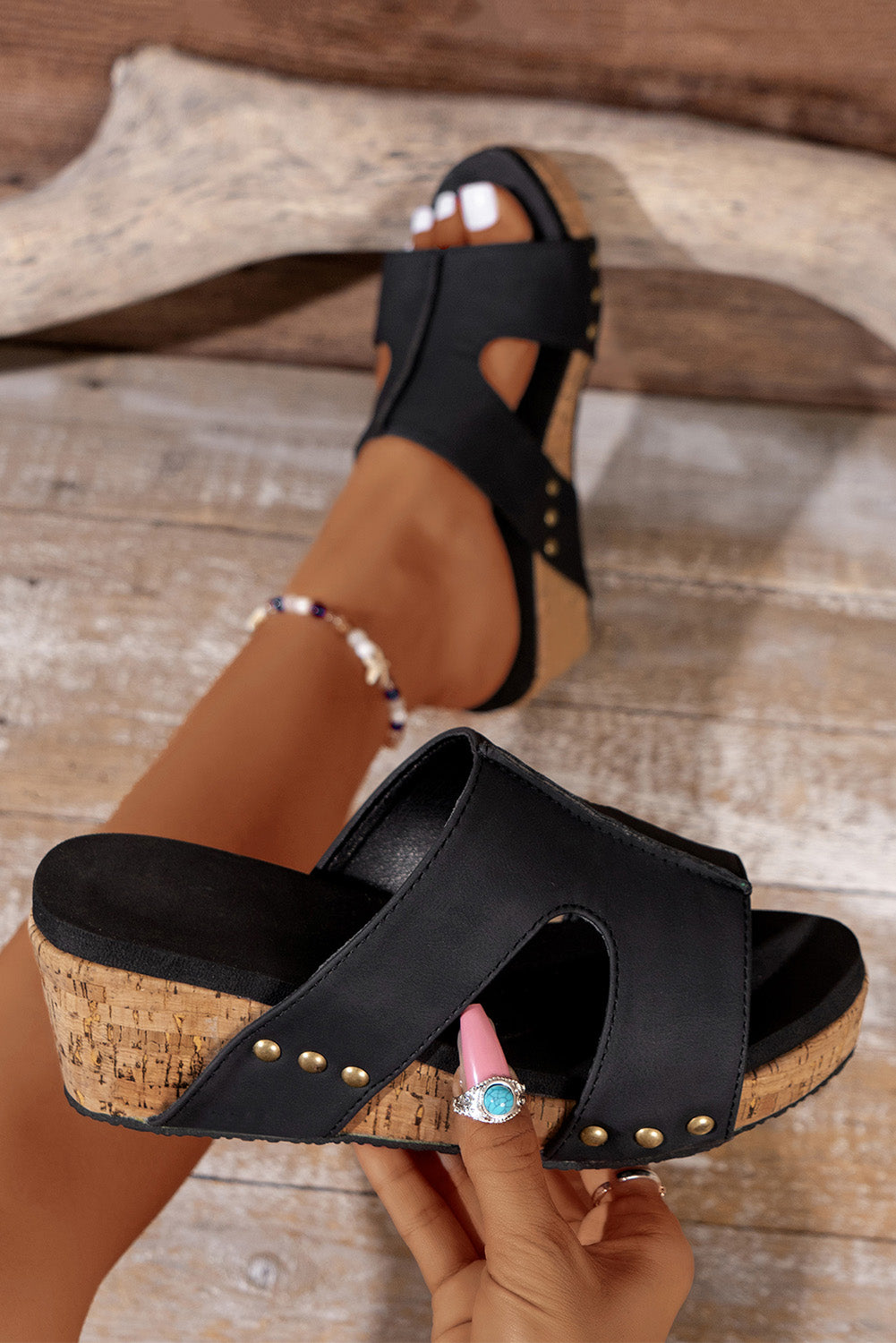 Black Cut Out Rivet Slip-on Wedges