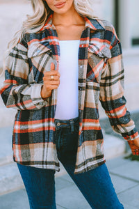 Khaki Plaid Print Casual Button Up Pocket Shirt