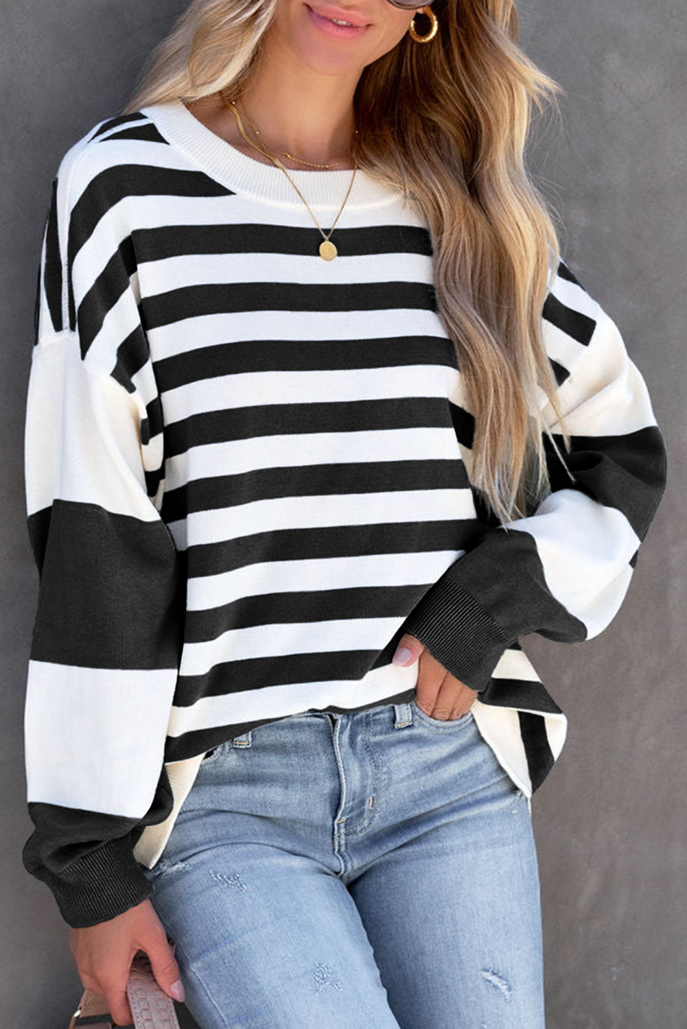 Striped Colorblock Casual Drop Shoulder Sweatshirt