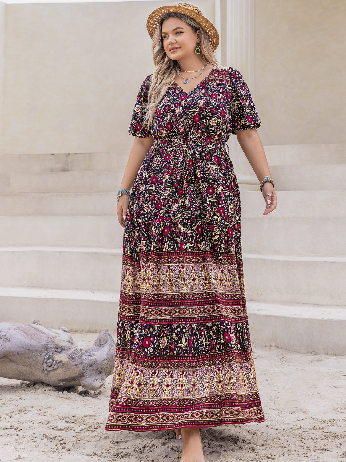 V-Neck Short Sleeve Maxi Dress