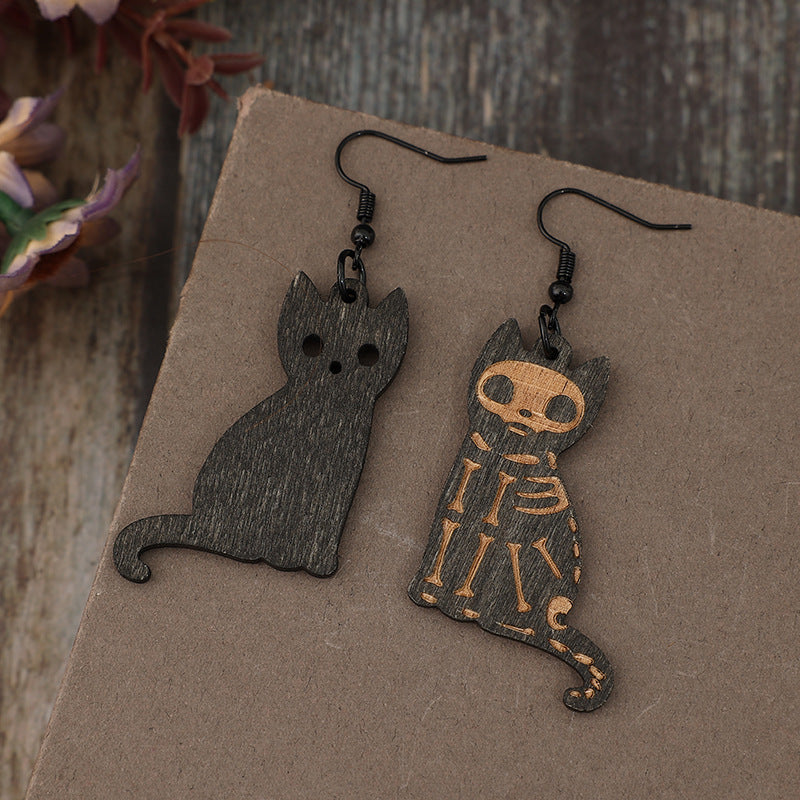 Hook Wooden Skeleton Cat Earrings