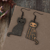 Hook Wooden Skeleton Cat Earrings