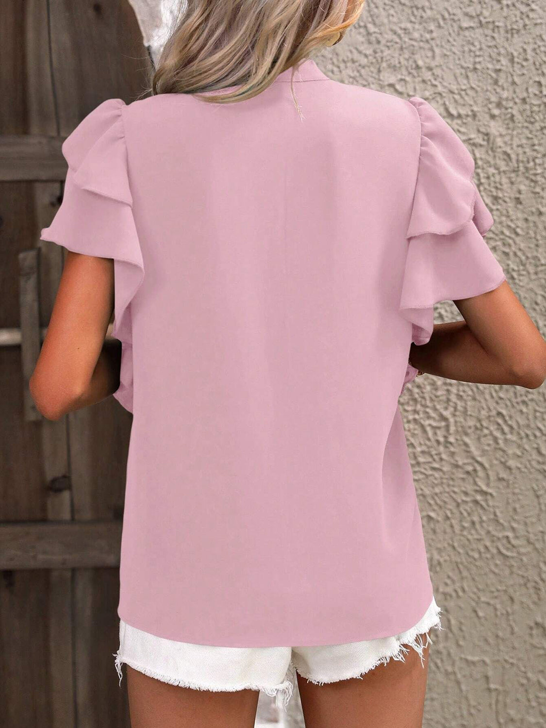 Ruffled Notched Short Sleeve Blouse