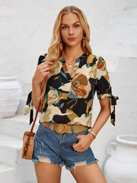 Tied Notched Short Sleeve Blouse