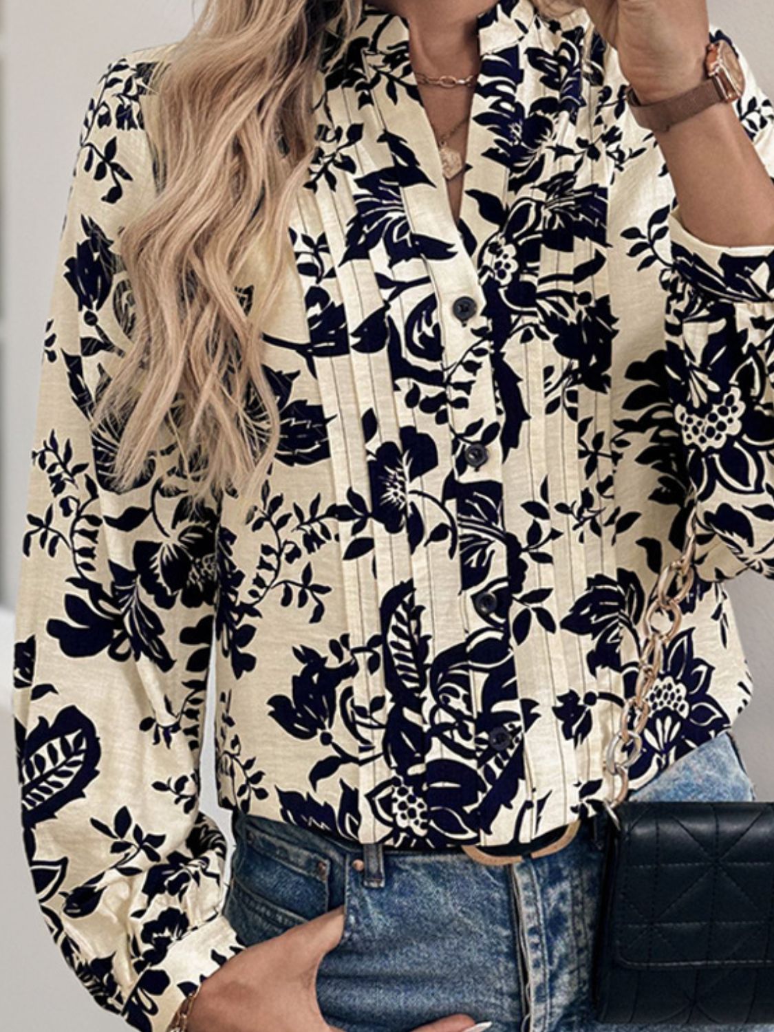 Perfee Notched Long Sleeve Shirt