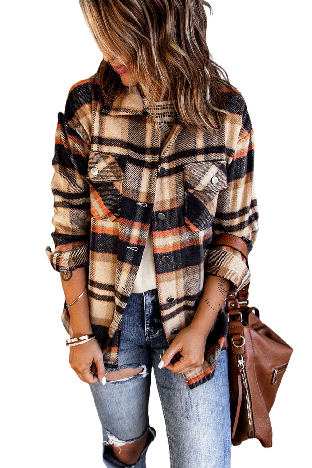 Khaki Plaid Print Casual Button Up Pocket Shirt