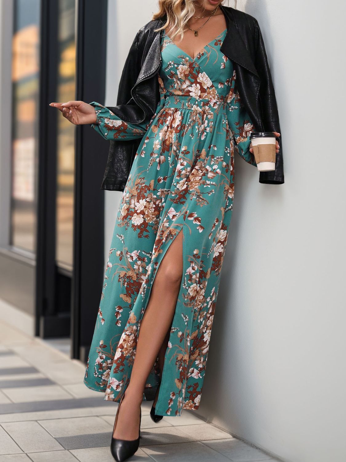 Slit Surplice Long Sleeve Maxi Dress