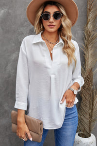 Textured Johnny Collar Three-Quarter Sleeve Blouse