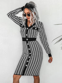 Houndstooth V-neck Knit Sweater Dress