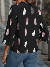 Woven V-Neck Feather Print Cropped Sleeve Loose Blouse