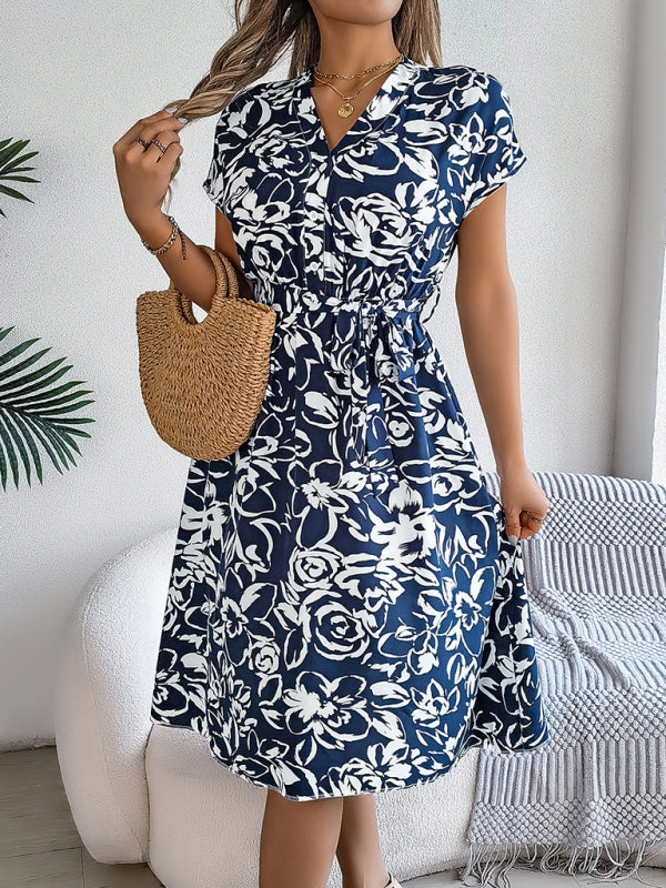 Casual V-neck Button-down Floral Dress