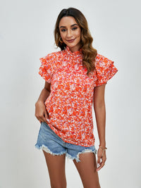 Ditsy Floral Mock Neck Flounce Sleeve Blouse