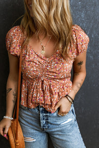 Drawstring Floral V-Neck Short Sleeve Blouse