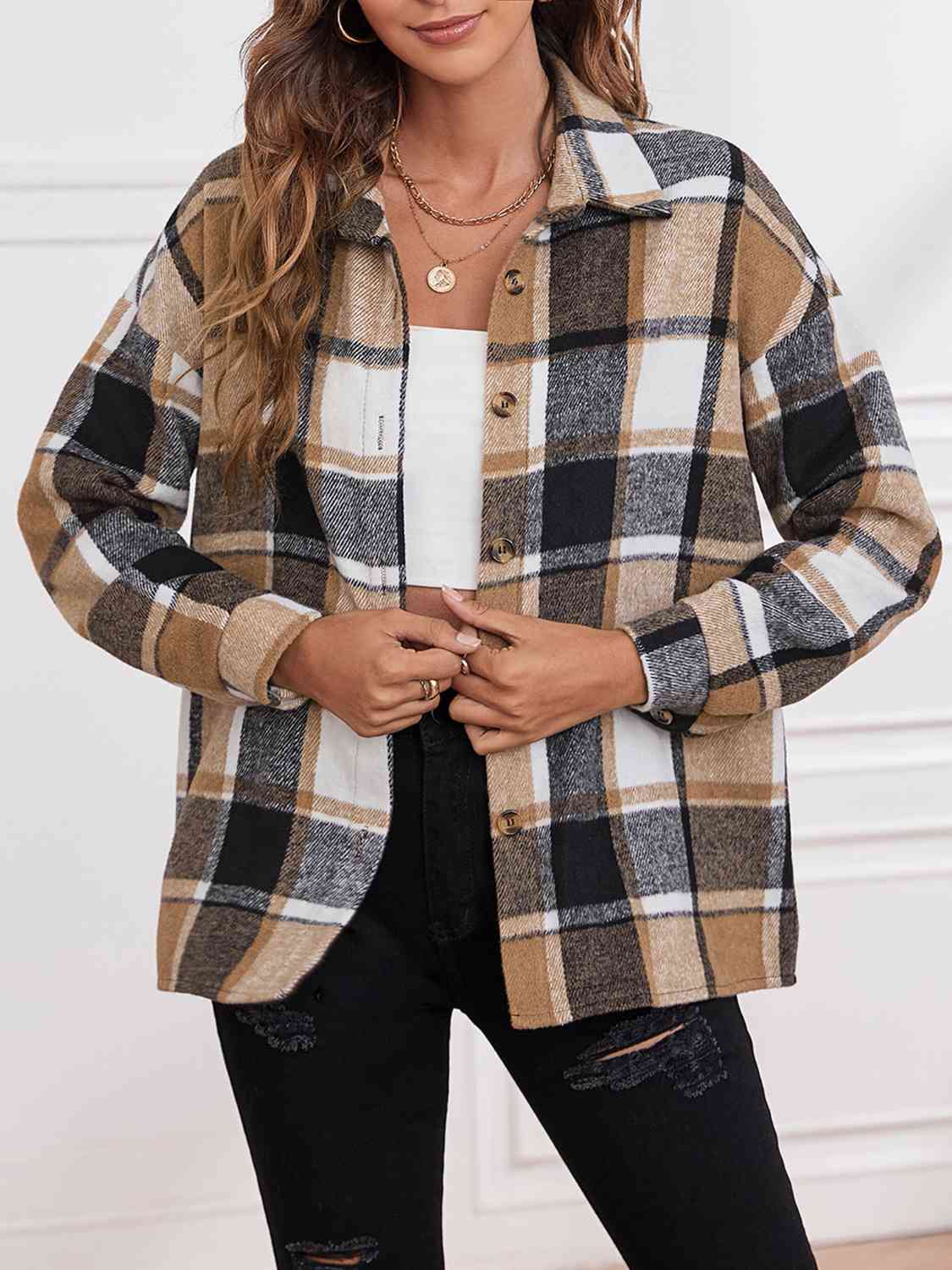 Plaid Collared Neck Button Down Jacket