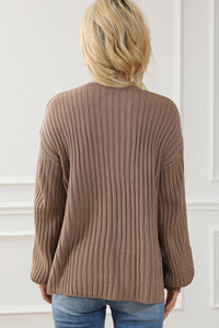 Ribbed Contrast Round Neck Slit Sweater