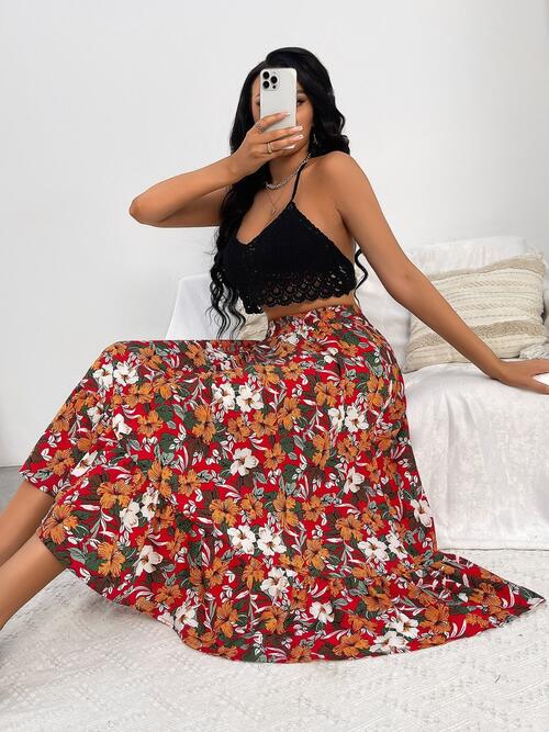 Printed Ruffle Hem Midi Skirt